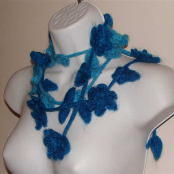 𝅺Wool knit whimsy statement extra long neck wrap scarf gradient flowers. - Picture 3 of 4